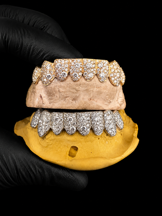 Three-quarter angle view of moissanite mosaic bustdown grillz