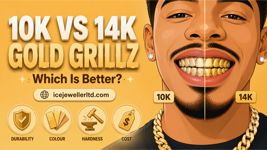 Illustrated cover for 10K vs 14K gold grillz guide — split face showing lighter 10K and richer 14K gold grillz on a warm yellow background