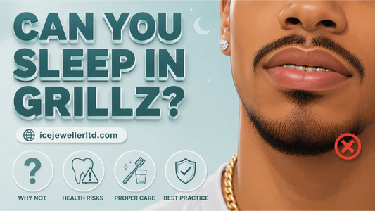 Cover illustration for the can-you-sleep-in-grillz guide — resting face with a crescent moon icon and caution symbol on a pastel mint-blue background