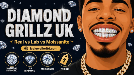 Illustrated cover for diamond grillz UK guide — man with iced diamond grillz on a dark navy background with diamond comparison icons below