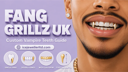 Cover illustration for the fang grillz UK guide — close-up of dramatic gold fang grillz on a pastel lavender background with four style icons