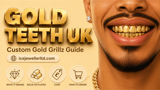 Cover illustration for the gold teeth UK guide — close-up of a classic solid gold grill on a pastel golden-cream background with four guide icons