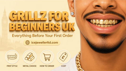 Cover illustration for the grillz beginners guide UK — welcoming smile with a simple yellow gold open-face grill on a pastel cream-yellow background