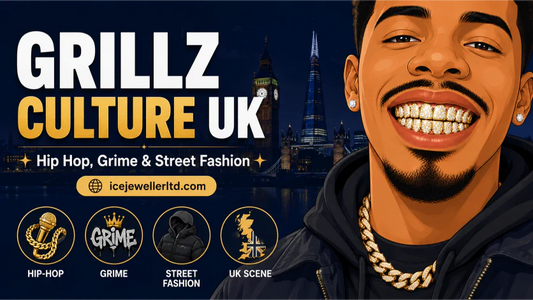 Illustrated cover for grillz culture UK guide — man with gold grillz against a dark navy background with London skyline and hip-hop culture icons