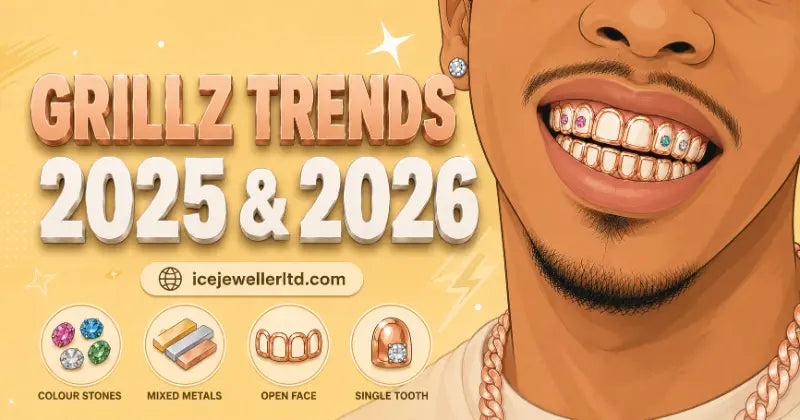 Grillz trends 2025 and 2026 – coloured stones, mixed metals, open face and minimalist styles, Ice Jeweller UK