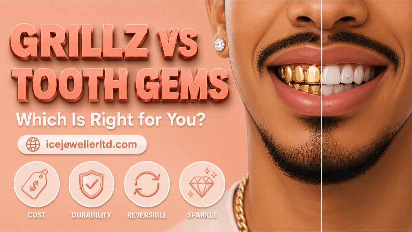 Cover illustration for grillz vs tooth gems UK — split-screen comparison of a gold grill and a tooth gem on a pastel peach-coral background
