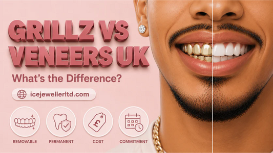 Cover illustration for grillz vs veneers UK — split-screen comparison of a gold grill and natural white teeth on a pastel blush-pink background