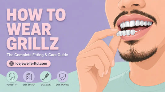 Man with mustache wearing silver grillz, illustrated guide on how to put on and wear grillz properly