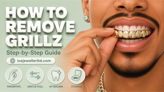 Cover illustration for how to remove grillz safely — hand easing a gold grill off the teeth on a pastel mint-green background with step icons