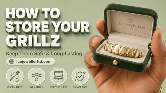 Cover illustration for how to store grillz — hand holding an open case with a gold grill inside on a pastel sage-green background with care icons