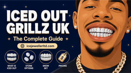 Illustrated cover image for iced out grillz UK guide — man smiling to show fully iced VVS moissanite grillz on midnight blue background with topic icons below