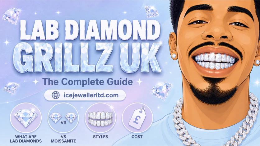 Illustrated cover for lab diamond grillz UK guide — man with white gold lab diamond grillz on a deep navy background with diamond comparison icons