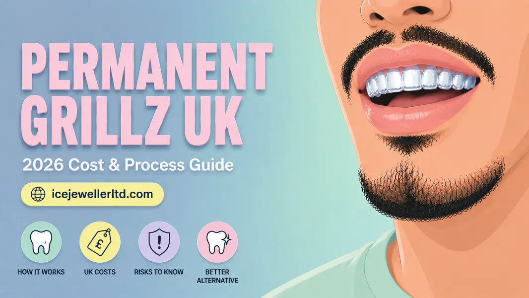 Illustration of silver grillz with dental tools, guide to permanent grillz cost and process in the UK