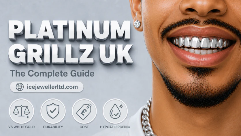 Cover illustration for the platinum grillz UK guide — close-up of a sleek platinum grill on a pastel icy-grey background with four comparison icons