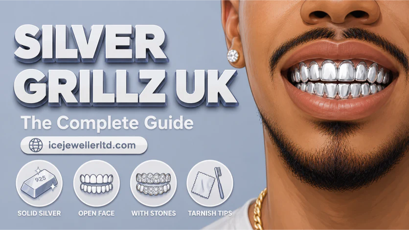 Cover illustration for the silver grillz UK guide — close-up of a sterling silver open-face grill on a pastel grey-blue background with four style icons