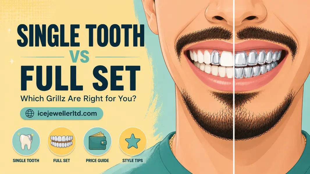 Comparison illustration of single tooth grillz versus a full set of silver grillz