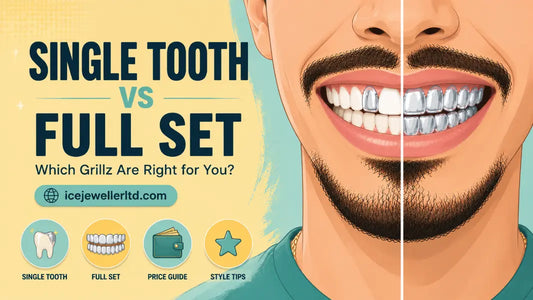 Comparison illustration of single tooth grillz versus a full set of silver grillz
