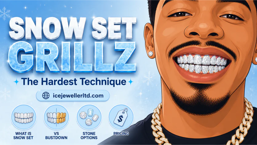 Illustrated cover for snow set grillz guide — man showing snow-set VVS grillz with seamless stone surface on an icy blue background