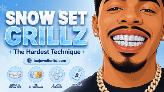 Illustrated cover for snow set grillz guide — man showing snow-set VVS grillz with seamless stone surface on an icy blue background