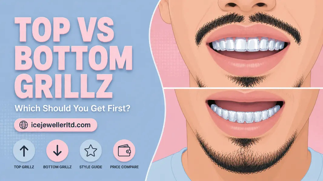 Comparison illustration of top and bottom silver grillz, guide to choosing top or bottom grillz first