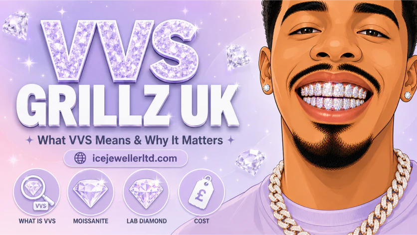 Illustrated cover for VVS grillz UK guide — man with VVS moissanite grillz scattering rainbow light on a deep purple background