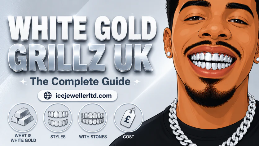  Illustrated cover for white gold grillz UK guide — man showing bright white gold open face grillz on a cool silver-grey background
