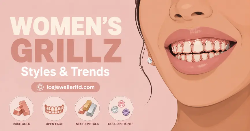 Women's grillz styles and trends guide – rose gold open face, mixed metals and colored stones by Ice Jeweller UK