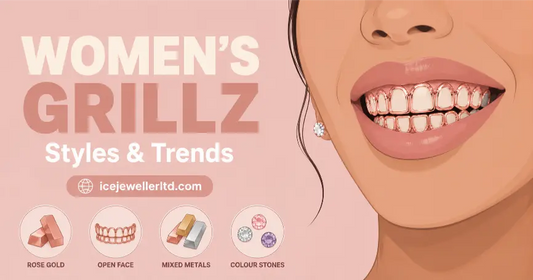 Women's grillz styles and trends guide – rose gold open face, mixed metals and colored stones by Ice Jeweller UK
