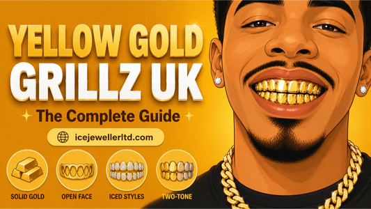 Illustrated cover for yellow gold grillz UK guide — man showing classic yellow gold grillz on a warm amber background with style icons below