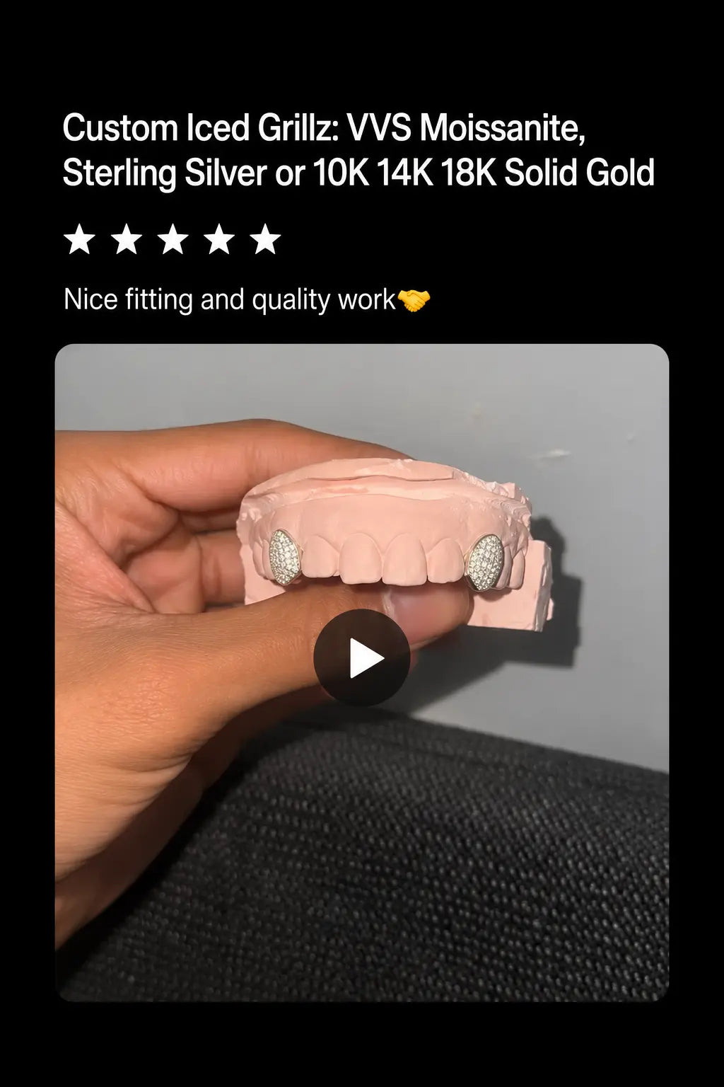Positive customer feedback for ICE JEWELLER custom grillz with a 5-star rating