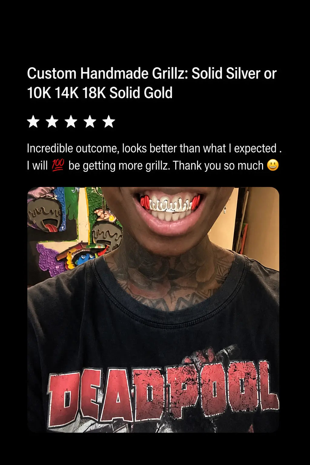 5-star customer review highlighting excellent experience with ICE JEWELLER custom grillz