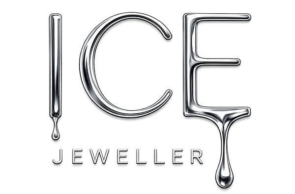 Jewelry brand logo with 'ICE' stylized as silver jewelry pieces on a white background