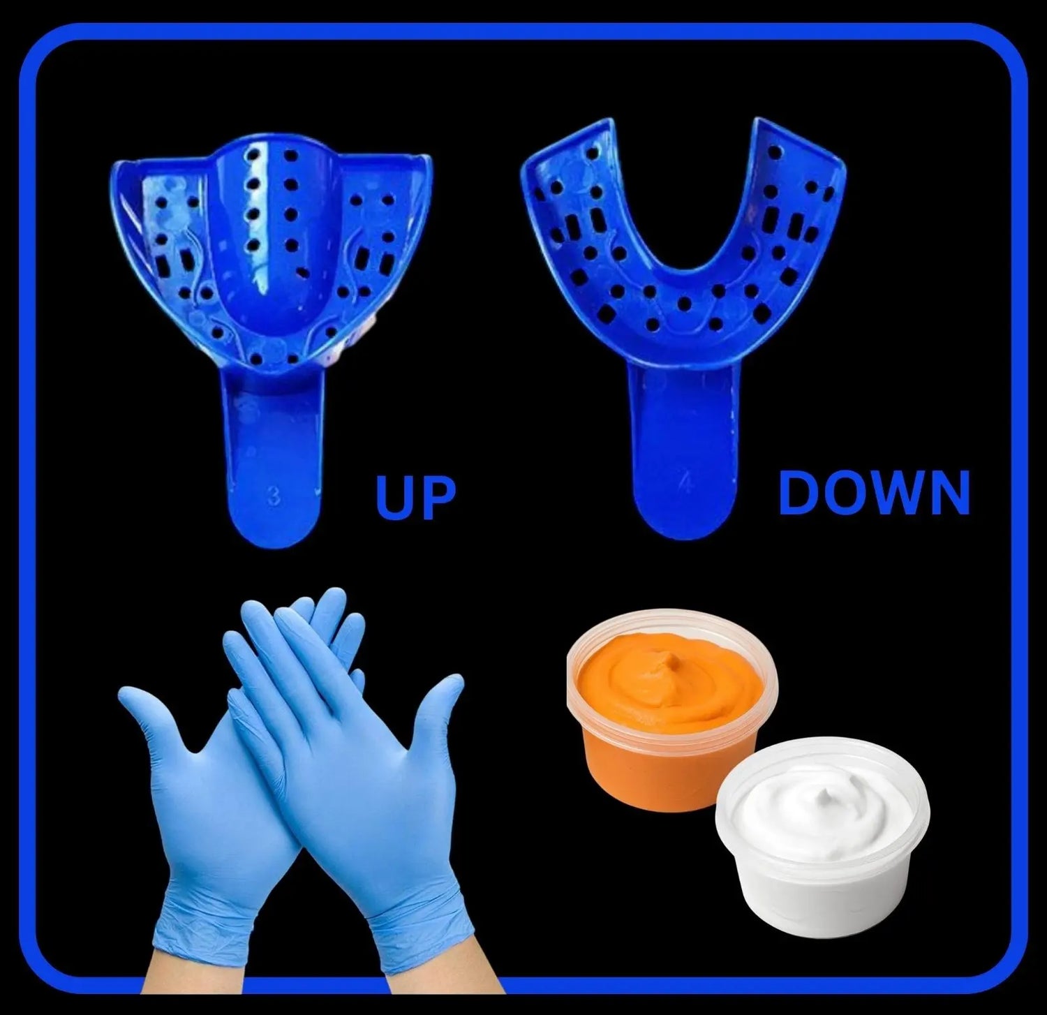 Blue mouth trays, gloves, and containers of mold on a black background