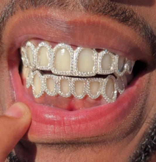 Open window iced out custom Grillz,Silver and Gold with VVs Lab Grown Diamond