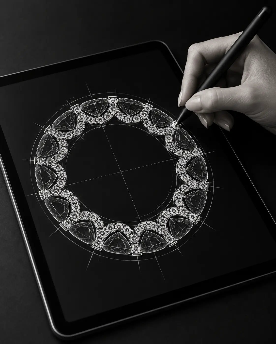 Bespoke jewellery ring design being sketched on a tablet by ICE JEWELLER London