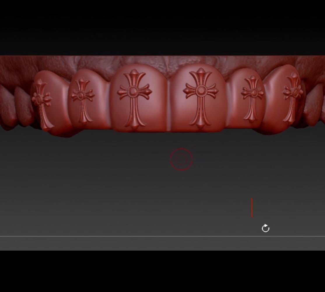 CAD rendering and design process of custom cross grillz made in sterling silver and gold for precise dental fit