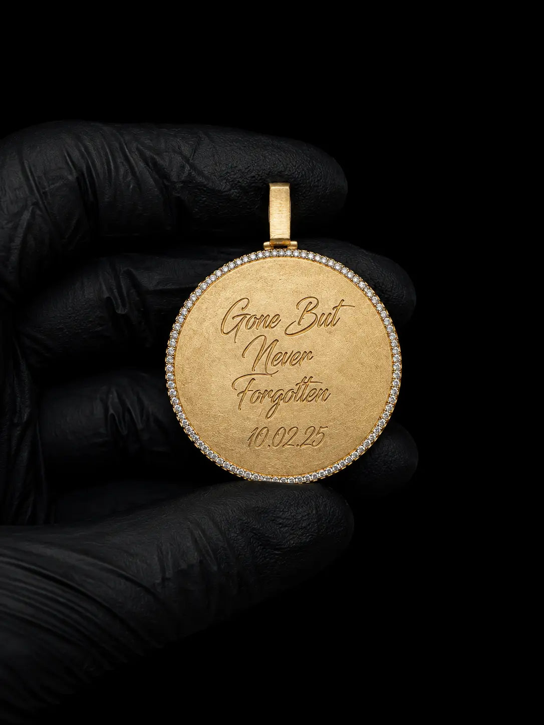 Engraved custom photo memory pendant with memorial text and moissanite halo border in gold finish