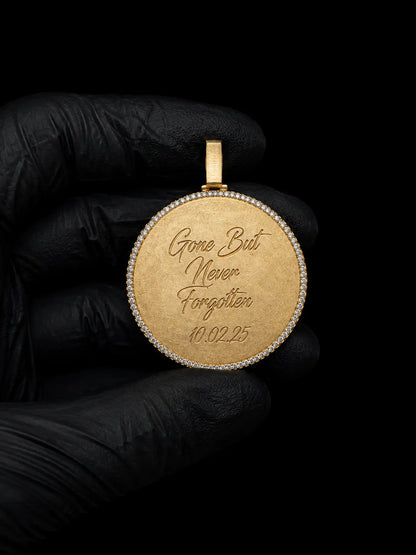 Engraved custom photo memory pendant with memorial text and moissanite halo border in gold finish
