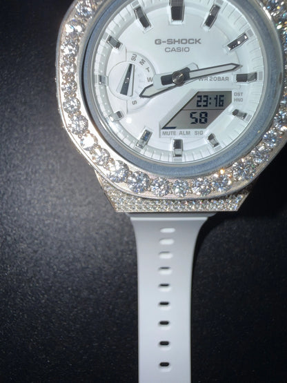 Close view of custom iced out G-Shock watch with diamond style moissanite