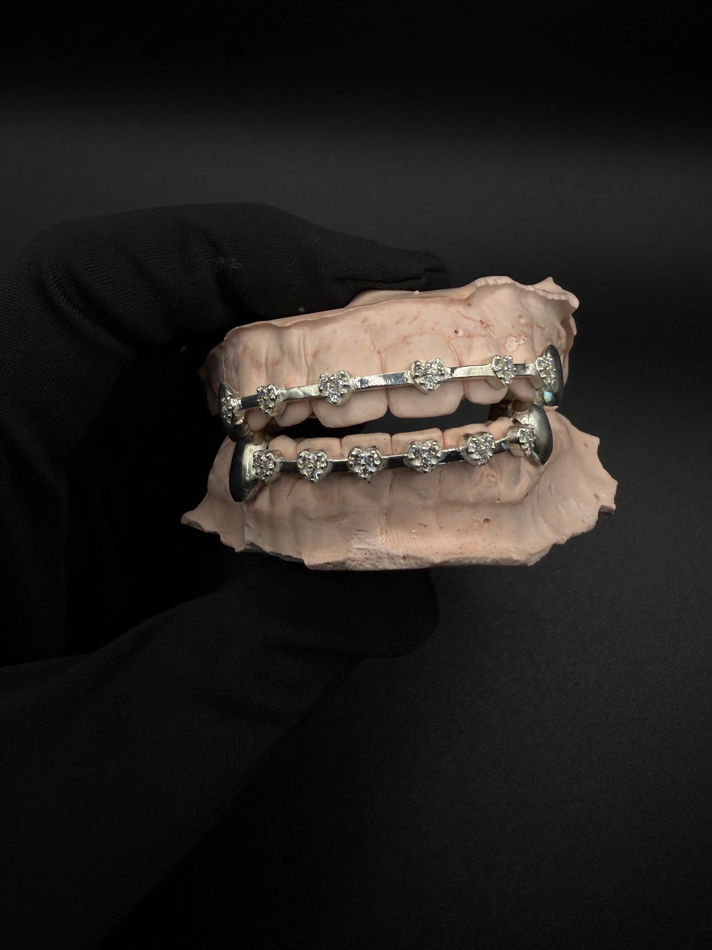 Custom heart diamond grillz double row open face silver or gold finish luxury custom teeth jewelry front view