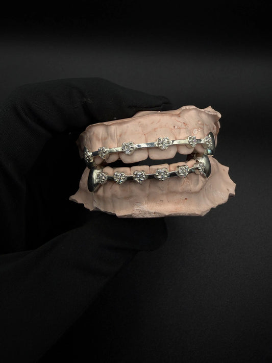 Custom heart diamond grillz double row open face silver or gold finish luxury custom teeth jewelry front view