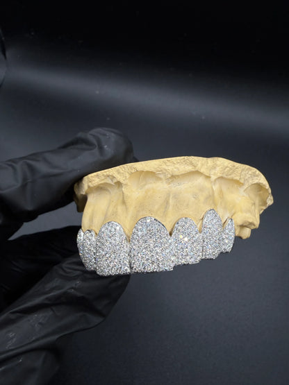 Custom iced lab diamond grillz made from sterling silver with VVS diamonds front view