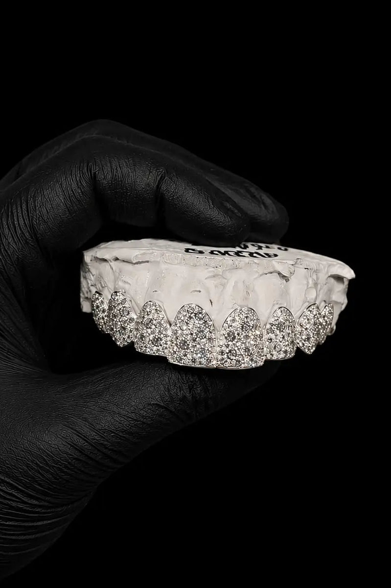 Front view of custom moissanite mosaic snowset grillz