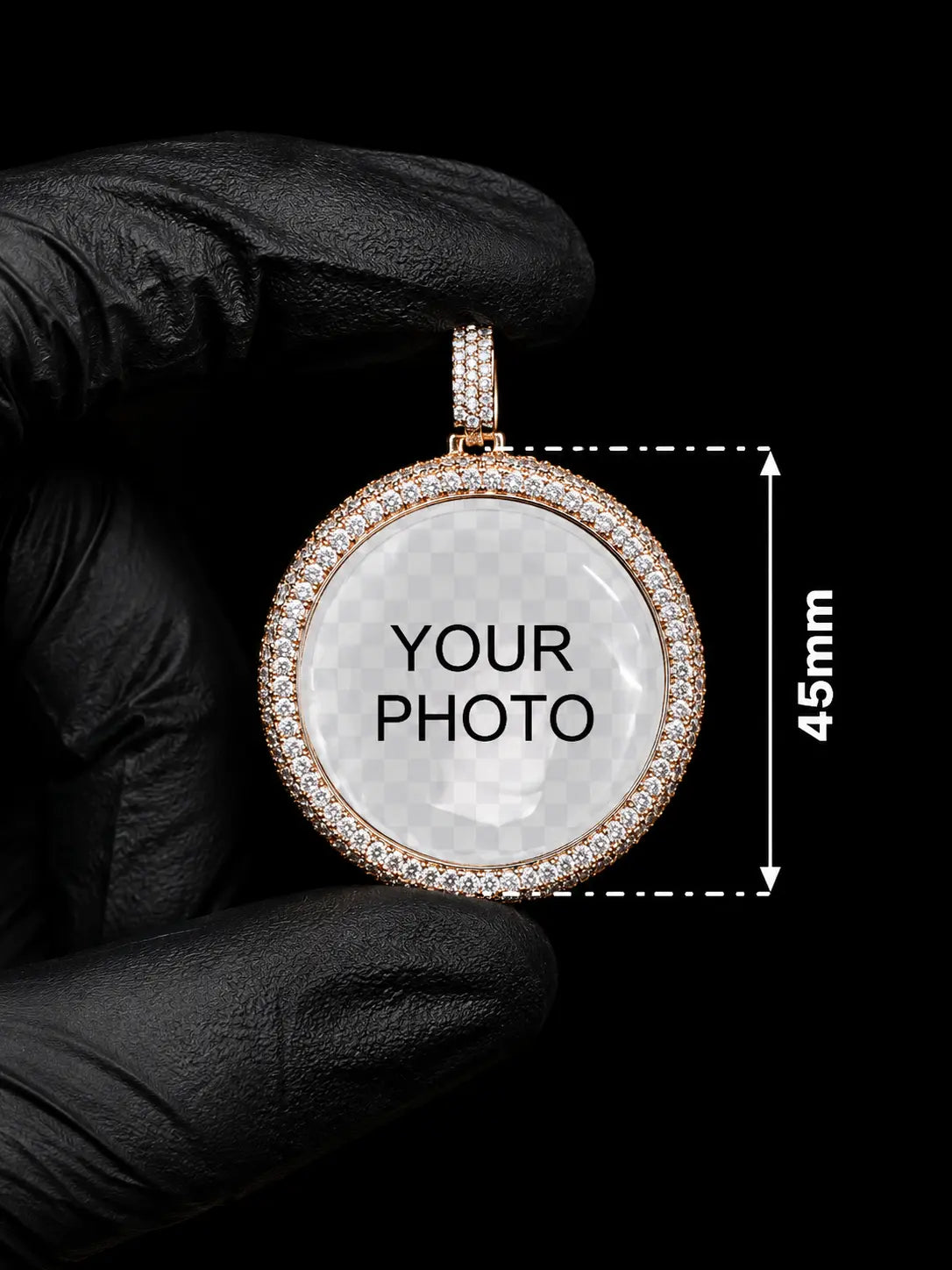 45mm custom photo memory pendant with moissanite halo shown in hand for size reference