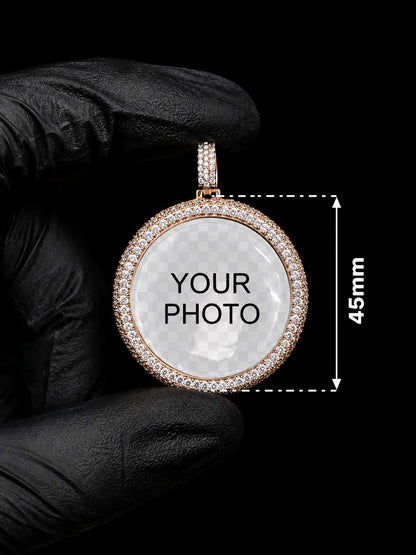 45mm custom photo memory pendant with moissanite halo shown in hand for size reference