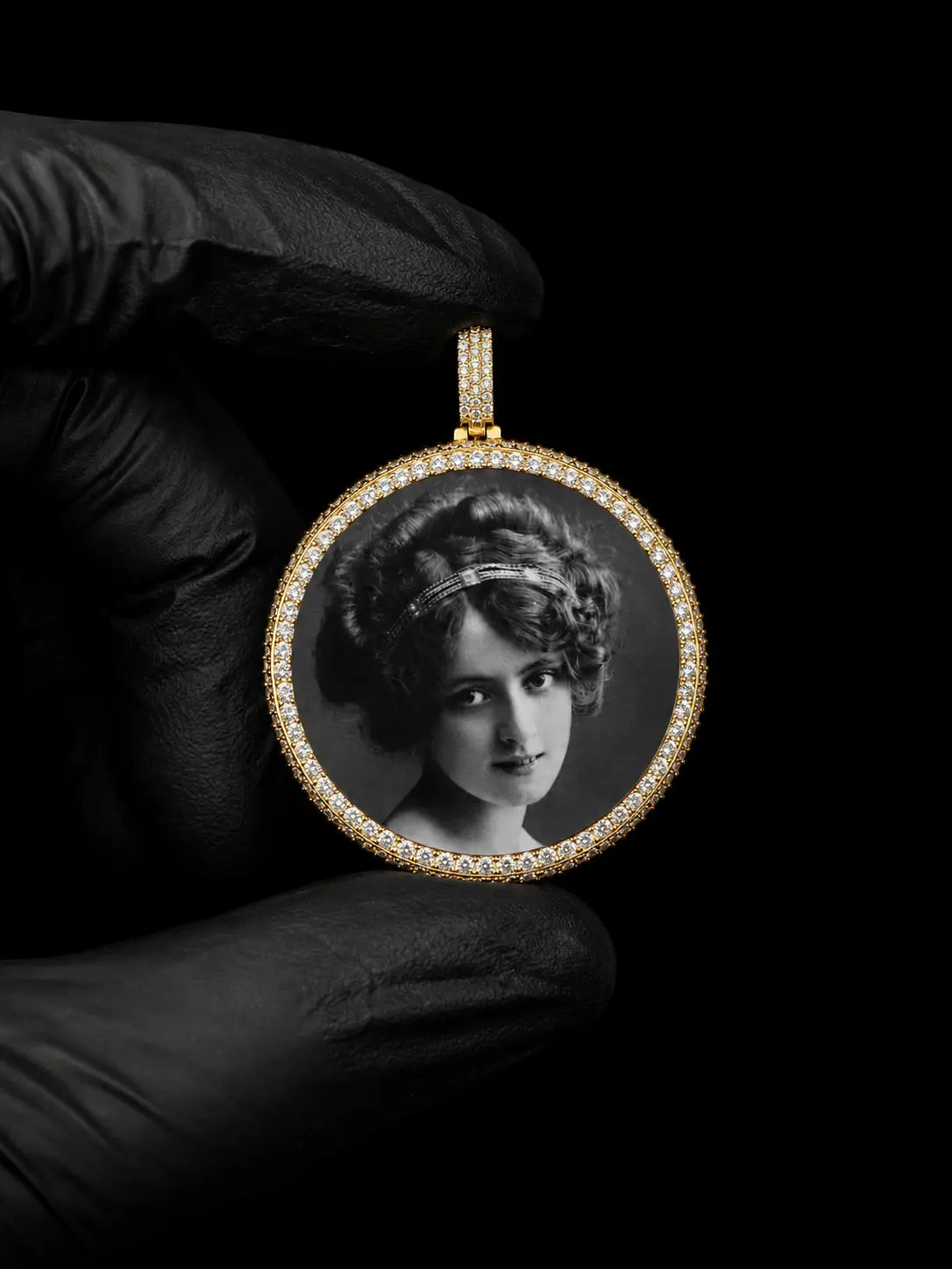 Custom round photo memory pendant with moissanite halo in yellow gold featuring personalized portrait engraving