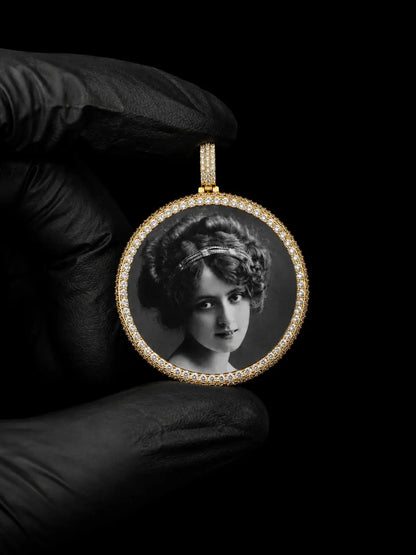 Custom round photo memory pendant with moissanite halo in yellow gold featuring personalized portrait engraving