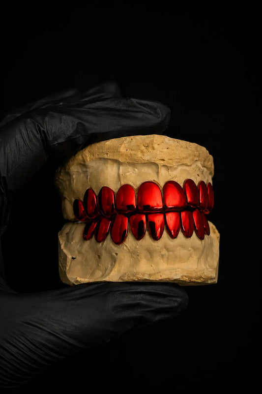 Custom red colorful grillz side view in solid silver with precision fit