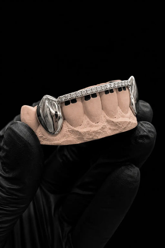 Three-quarter view of custom lab diamond bar grillz with polished metal finish