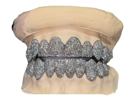 Custom Moissanite Mosaic ser Grillz: Sterling Silver, Gold, or Rose - Bustdown Snowset